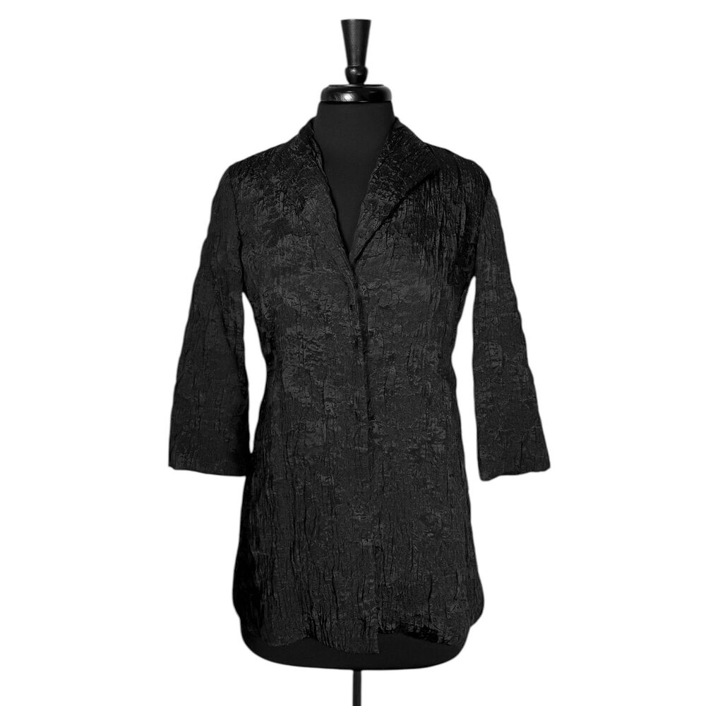 Eileen Fisher Women’s Blazer PP Black Wool Blend Silk Lined Crinkle Chic Jacket